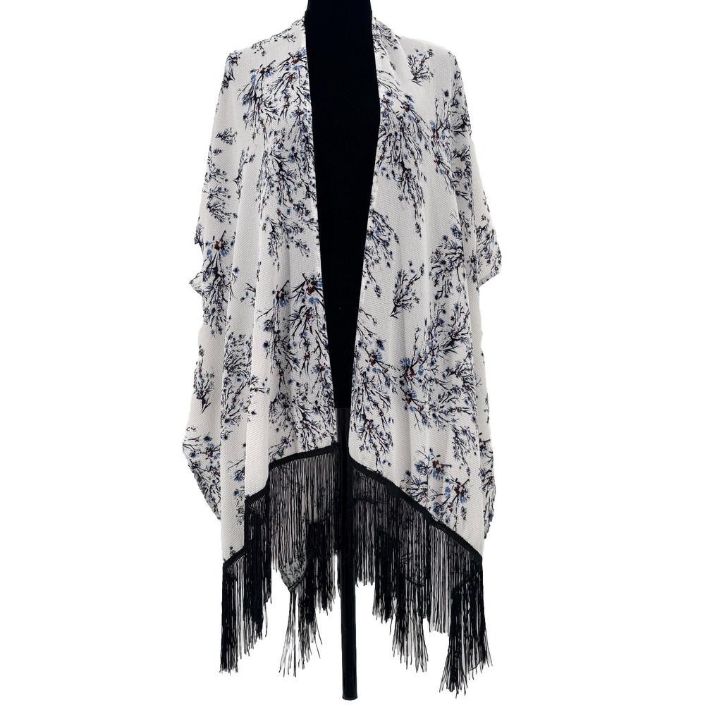 Cato Top Women One Size Kimono Floral Fringe Blue White Duster Boho‎ Peasant